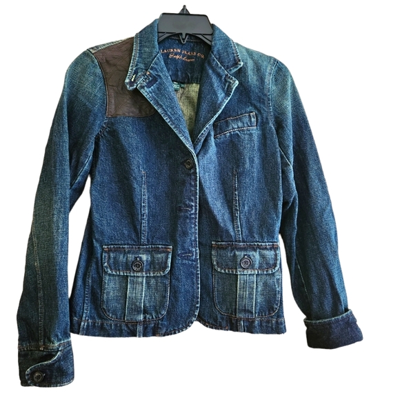 Lauren  Jeans Co Ralph Lauren Denim Jacket Blazer Hunting Style Leather Patch - Picture 1 of 5